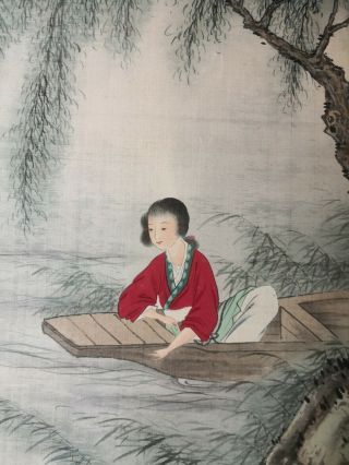 Antique Chinese Painting on Silk with Girl in Red Boating Under Willow Tree 2