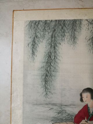 Antique Chinese Painting on Silk with Girl in Red Boating Under Willow Tree 3
