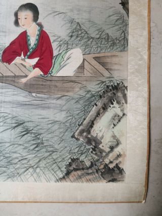 Antique Chinese Painting on Silk with Girl in Red Boating Under Willow Tree 4