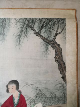 Antique Chinese Painting on Silk with Girl in Red Boating Under Willow Tree 6