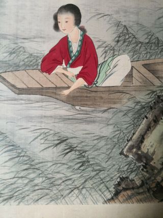 Antique Chinese Painting on Silk with Girl in Red Boating Under Willow Tree 7