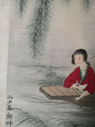 Antique Chinese Painting on Silk with Girl in Red Boating Under Willow Tree 8