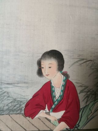Antique Chinese Painting on Silk with Girl in Red Boating Under Willow Tree 9