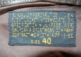 Vintage 1950 ' s USN G1 Navy flight jacket size 40 California Sportswear Company 3