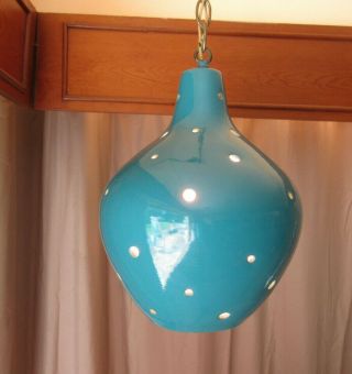 Vintage Mcm Ceramic Pierced Hanging Pole Light Lamp Fixture Turquoise Mod
