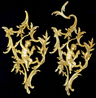 Large French Gilded Brass Decors Mounts Pediments Cherubs Angels