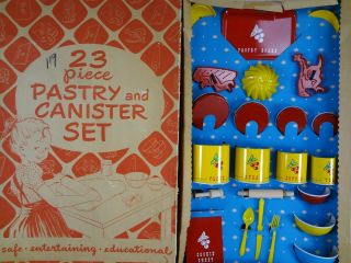 23pc Pastry & Canister Vintage Ohio Art Tin Toy Baking Set; Childrens Tea Set