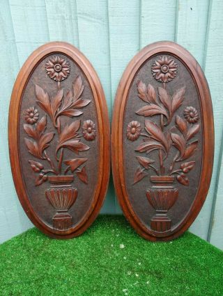 19thc Black Forest Wooden Mahogany Panels With Flower Carvings C1880s
