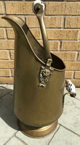 Vintage Brass Coal Scuttle Ash Bucket Lion Head Two Handled Delft Ceramic