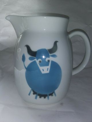 Mid Century Pottery 8 " Arabia Finland Kaj Franck Blue Cow Pitcher