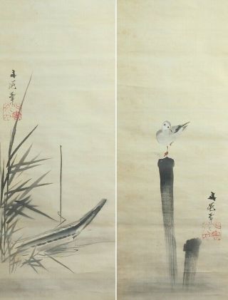 I355: Japanese Old Hanging Scroll.  Bird With Boat By Great Buncho Tani.