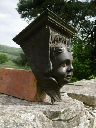 19thc MAHGOANY CARVED HEAD OF A WINGED CHERUB WITH SHELF OVER C.  1860 ' s 5