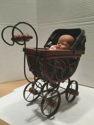 Vintage Victorian Wicker & Wood Doll Baby Carriage Metal Wheels With Baby Doll