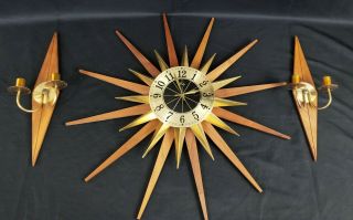 Retro Atomic Welby Sunburst Wall Clock Candle Holders Mid Century Modern Brass