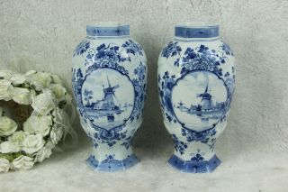 Pair Antique Blue White Delft Porceleyne Fles Jt & L Marked Vases