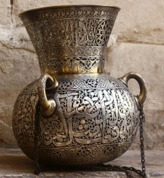 ISLAMIC MAMELUKE ARABIC CAIROWARE STYLE SILVER INLAID OTTOMAN COBBER MOSQUE LAMP 2