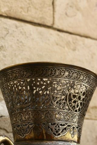 ISLAMIC MAMELUKE ARABIC CAIROWARE STYLE SILVER INLAID OTTOMAN COBBER MOSQUE LAMP 6