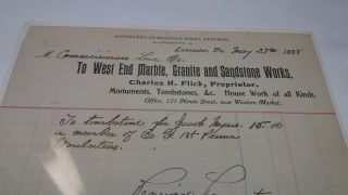 1898 Tombstone Invoice for Civil War Soldier Co.  G 1st PA Volunteers Lancaster 2