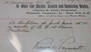 1898 Tombstone Invoice for Civil War Soldier Co.  G 1st PA Volunteers Lancaster 3