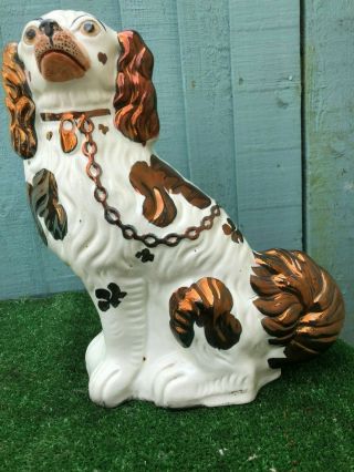 PAIR: 19thC LARGE STAFFORDSHIRE COPPER LUSTRE & WHITE SPANIEL DOGS c1880s 3