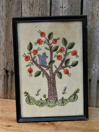 Antique Primitive Folk Art Needlework Framed Tree W/ Squirrel