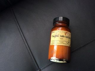 Antique Merck Theobromine - Sodium Salicylate Amber Bottle Nearly Full 3.  5oz