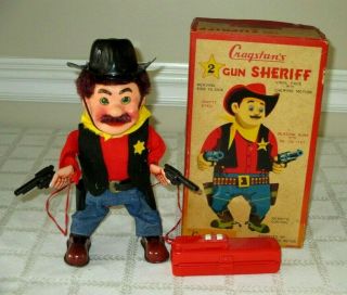 Vintage Cragstans Two Gun Sheriff - Tin Toy - Battery Operated - W Box - - Japan - 11 "