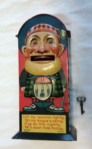 Antique Saalheimer Strauss Germany Bank - Money Box Tin Mechanical Scottish Man