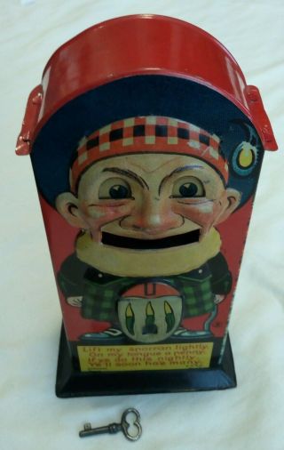 Antique SAALHEIMER STRAUSS Germany BANK - MONEY BOX Tin MECHANICAL SCOTTISH MAN 9