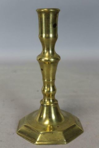 RARE 17TH C SPANISH BRASS CANDLESTICK BOLD SHAFT OCTAGONAL BASE GREAT OLD COLOR 2