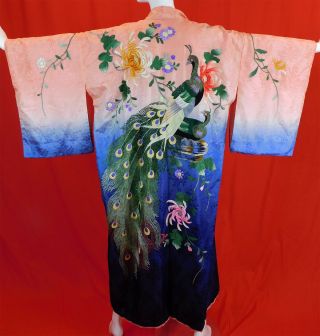 Vintage Silk Ombre Colorful Floral Peacock Embroidered Japanese Kimono Belt Robe