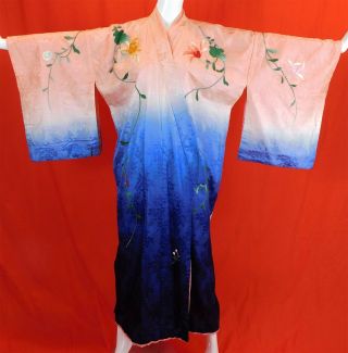 Vintage Silk Ombre Colorful Floral Peacock Embroidered Japanese Kimono Belt Robe 3