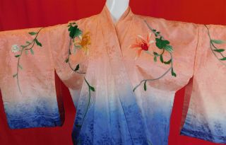 Vintage Silk Ombre Colorful Floral Peacock Embroidered Japanese Kimono Belt Robe 4