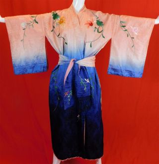 Vintage Silk Ombre Colorful Floral Peacock Embroidered Japanese Kimono Belt Robe 5
