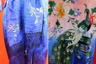 Vintage Silk Ombre Colorful Floral Peacock Embroidered Japanese Kimono Belt Robe 6