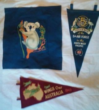 3pc Felt Wwii 43 Pennants Wings Over Australia Air Force Koala Sw Pacific Banner