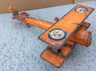 Vintage 1921 Pressed Steel / Tin Friction Airplane Biplane With Pilot