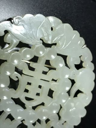 Antique Chinese Light Jade Silver Mount Bat Peach Shou Plaque Brooch Pendant 3