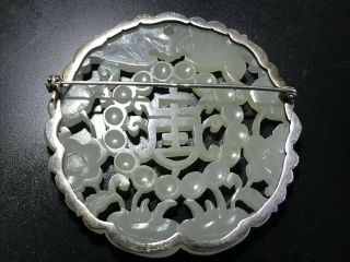 Antique Chinese Light Jade Silver Mount Bat Peach Shou Plaque Brooch Pendant 6