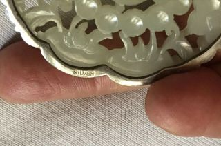 Antique Chinese Light Jade Silver Mount Bat Peach Shou Plaque Brooch Pendant 8