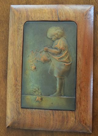 French Bronze Plaque " Girl With Roses " By Ovide Yencesse 1906 Wood Frame 7x5 "