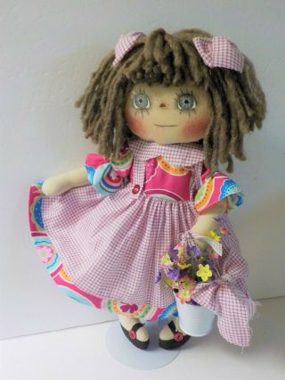 Primitive Hm Raggedy Ann Doll Summer Calico " Adele " With Floral Bucket Ornie