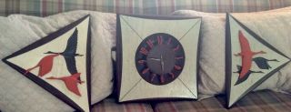 Vtg Mid Century Modern Burwood 3 Set Clock 16x16” Flying Geese Plaques 16.  5x 19”