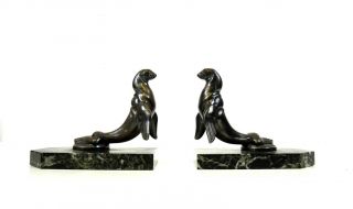 Rare French Art Deco Bookends Seal Animals By Maurice Frecourt About 1930