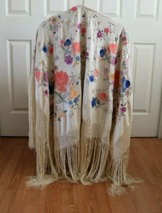 Antique French Knot Needlework Embroidered Silk Piano Shawl