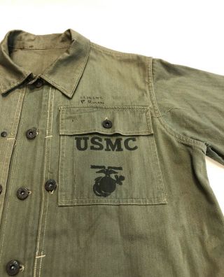 VTG 40s WWII USMC P44 HBT US Marines Herringbone Field Utility Jacket Shirt 3