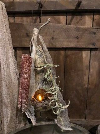 Primitive Dried Gourd Lantern Early Look Peg Hanger Homestead Door Keep Ff