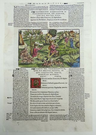 1529 Virgil FOLIO fine WOODCUT Aeloge Mythology HERDSMEN Damon Alphe FLUTE Sheep 2