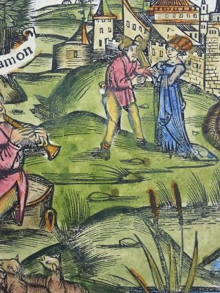 1529 Virgil FOLIO fine WOODCUT Aeloge Mythology HERDSMEN Damon Alphe FLUTE Sheep 4