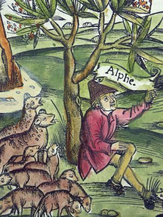 1529 Virgil FOLIO fine WOODCUT Aeloge Mythology HERDSMEN Damon Alphe FLUTE Sheep 5